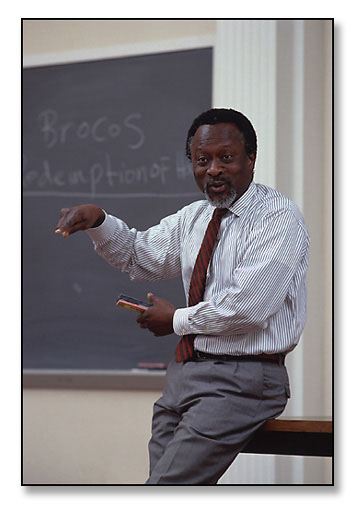 Anani Dzidzienyo, Professor of Africana Studies, teaching class: Blacks in Latin American History and Society. <br>Brown University, Providence, Rhode Island. November 1993.