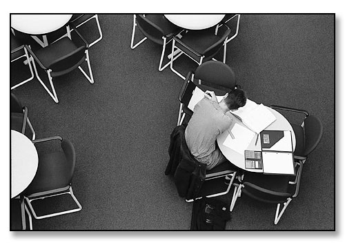 Student working in the upper atrium of the new Watson Center for Information Technology. Brown University, Providence, Rhode Island. October 1989.