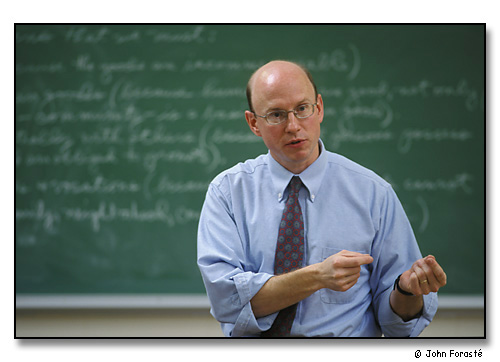Joseph Spoerl, Professor of Philosophy, teaching class on ethics. <br>Saint Anselm College, Manchester, New Hampshire. September 2002.