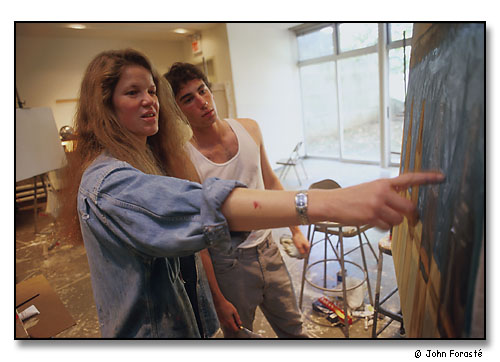 Tula Telfair, Professor of Art, with student in studio class on color. Art Studio, Wesleyan University, Middletown, Connecticut. September 2000.