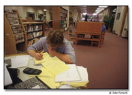Student working in science library. <br>Wesleyan University, Middletown, Connecticut. September 2000.