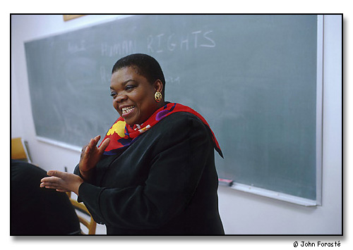 Lasego Malepe, Professor of Political Science. <br>Class on Comparative Political Development discussing human rights and trade. <br>Wheaton College, Norton, Massachusetts. April 2000.
