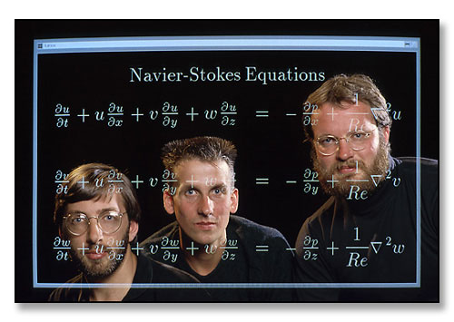 Post doctoral researchers in Applied Mathematics (double exposure). <br>The Navier-Stokes Equations on computer monitor are fundamental to their research on turbulence. <br>Brown University, Providence, Rhode Island. July 1989.
