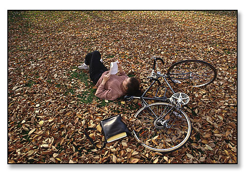 College student on a crisp fall day in New England. <br>The Front Campus, Brown University, Providence, Rhode Island. October 1989.