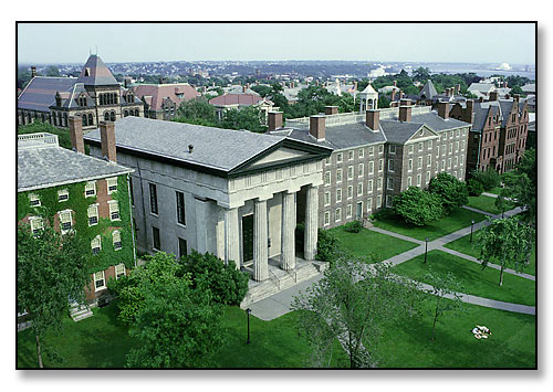 The historic front campus of Brown University. <br>Hope College (1882), Manning Hall (1834), University Hall (1771), Slater Hall (1879). <br>Providence, Rhode Island. July 1982.