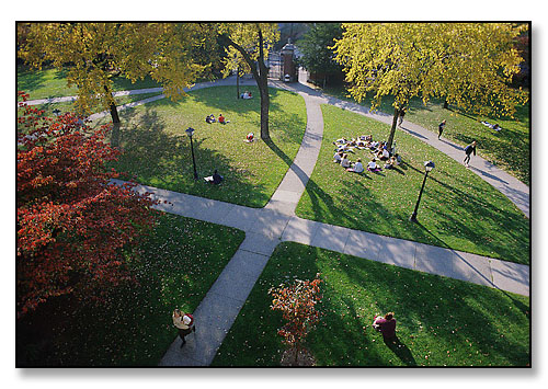 College class on a lovely fall afternoon. <br>The Front Campus, Brown University, Providence, Rhode Island. October 1986.