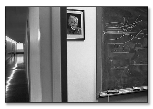 Albert Einstein & schematic on collisions in the office of Ned Greene, Professor of Chemistry. <br>GeoChem Building, Brown University, Providence, Rhode Island. November 1992.