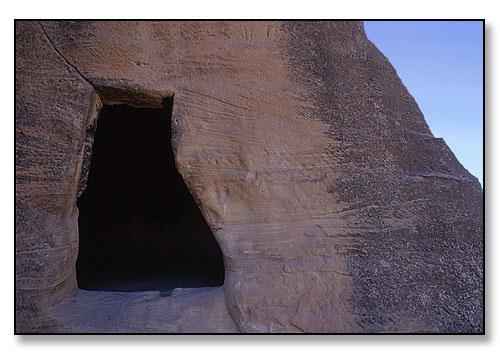 Detail of Nabataean cave. <br>Siq Al Bayad near the ancient city of Petra, Jordan. August 1997.