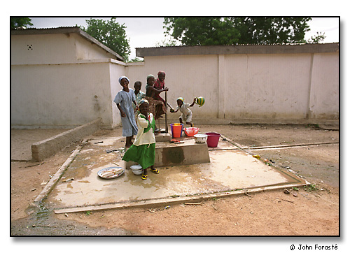 Exuberant girls drawing water from well. <br>Mora, Cameroon, (central west) Africa. August 2002.